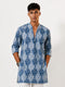 Vastramay Men Blue Cotton Ikkat Print V-Neck Mid-Length Kurta