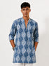 Vastramay Men Blue Cotton Ikkat Print V-Neck Mid-Length Kurta