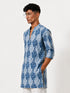 Vastramay Men Blue Cotton Ikkat Print V-Neck Mid-Length Kurta