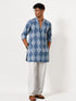Vastramay Men Blue Cotton Ikkat Print V-Neck Mid-Length Kurta