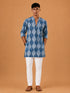 Vastramay Men Blue Ikkat Print Cotton V-Neck Kurta with White Pyjama Set