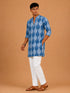 Vastramay Men Blue Ikkat Print Cotton V-Neck Kurta with White Pyjama Set