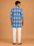 Vastramay Men Blue Ikkat Print Cotton V-Neck Kurta with White Pyjama Set