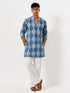 Vastramay Men Blue Ikkat Print Cotton V-Neck Kurta with White Wide-Leg Pant Set