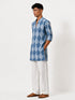 Vastramay Men Blue Ikkat Print Cotton V-Neck Kurta with White Wide-Leg Pant Set