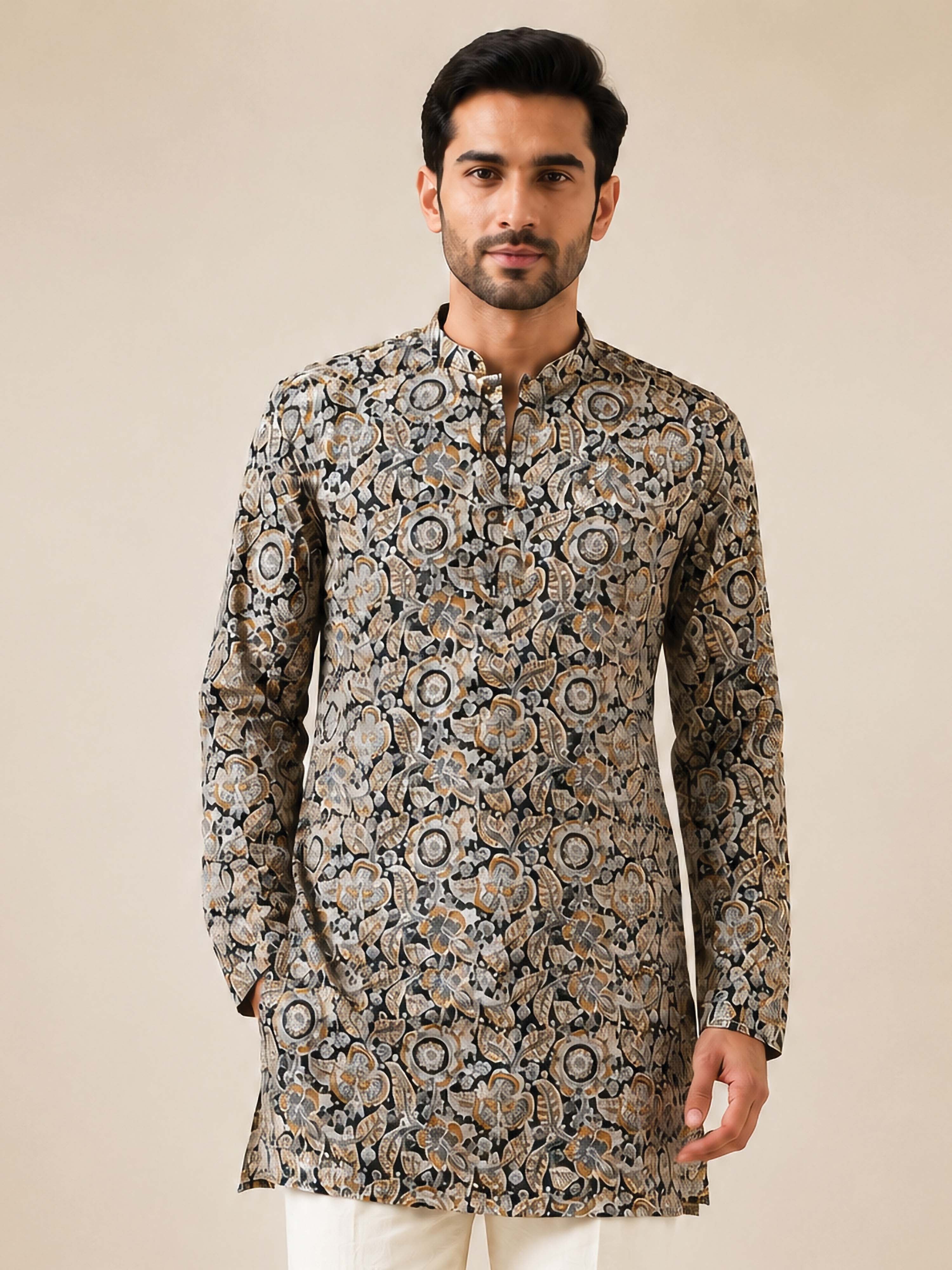 Vastramay Men Black Cotton Kalamkari Print Mandarin Collar Mid-Length Kurta