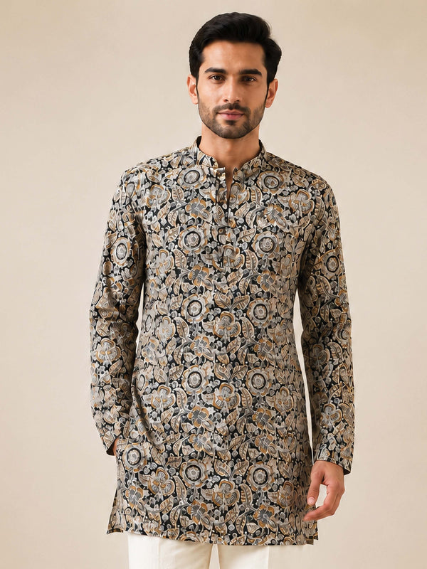 Men Black Cotton Floral Printed Kurta with Mandarin Collar