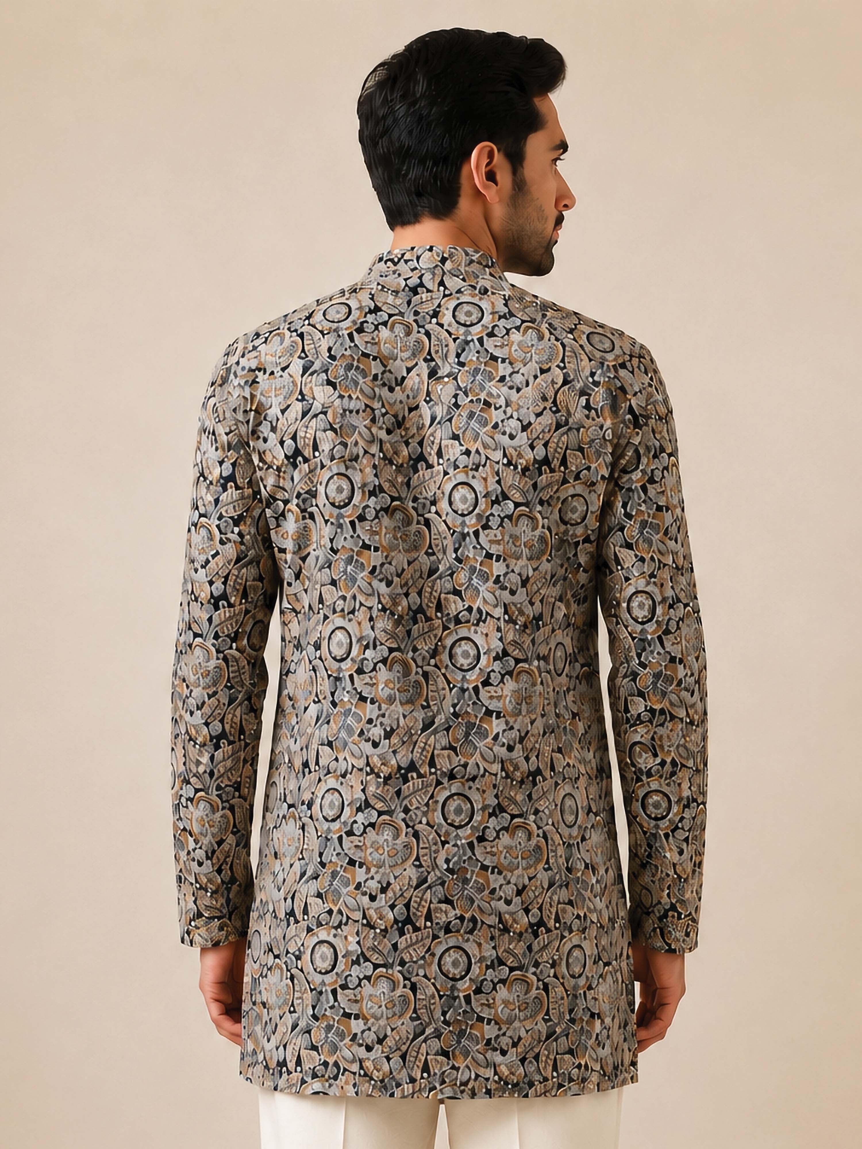 Vastramay Men Black Cotton Kalamkari Print Mandarin Collar Mid-Length Kurta