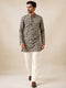 Vastramay Men Black Kalamkari Print Cotton Kurta with Cream Solid Pant Set