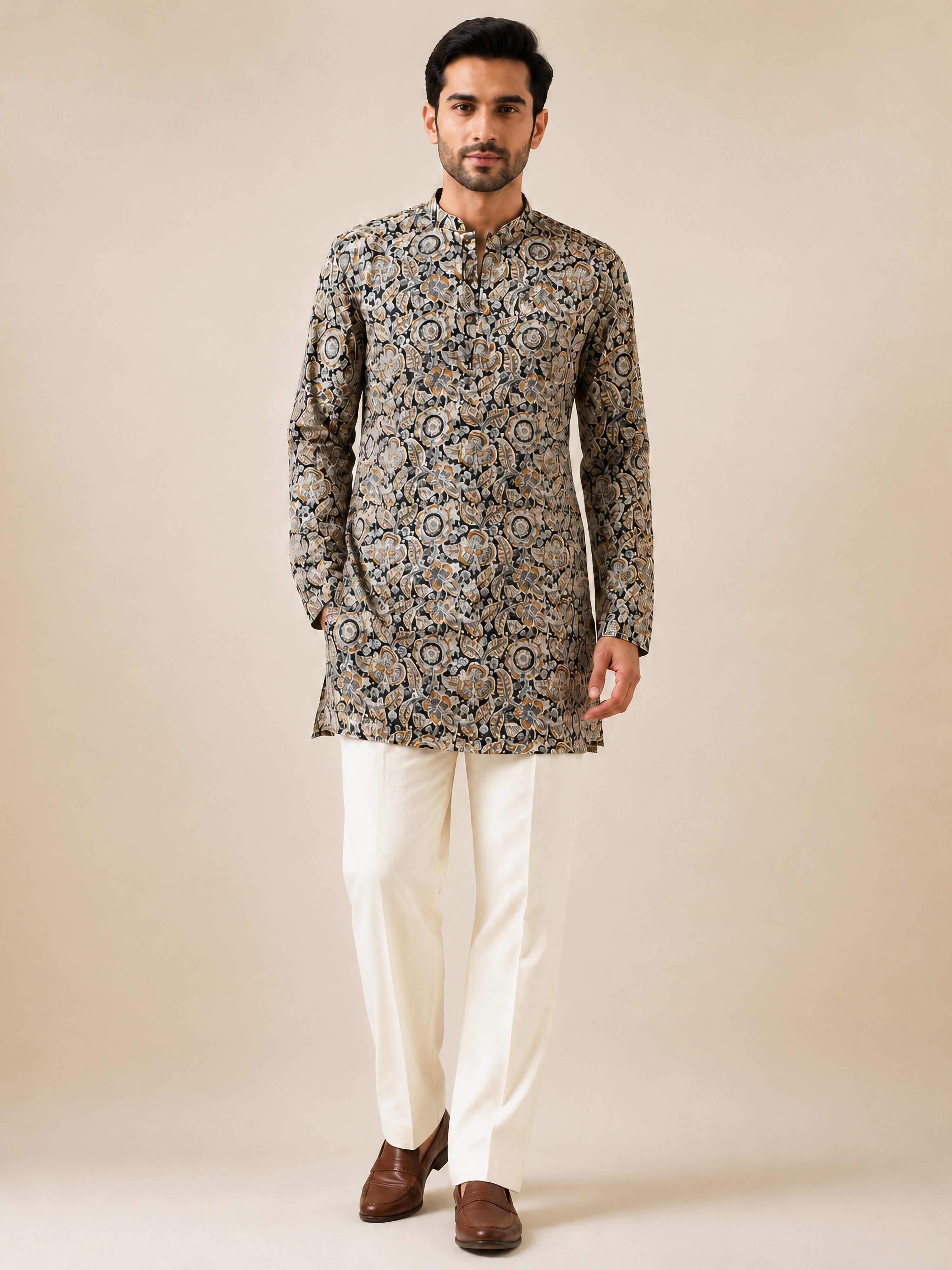 Vastramay Men Black Kalamkari Print Cotton Kurta with Cream Solid Pant Set