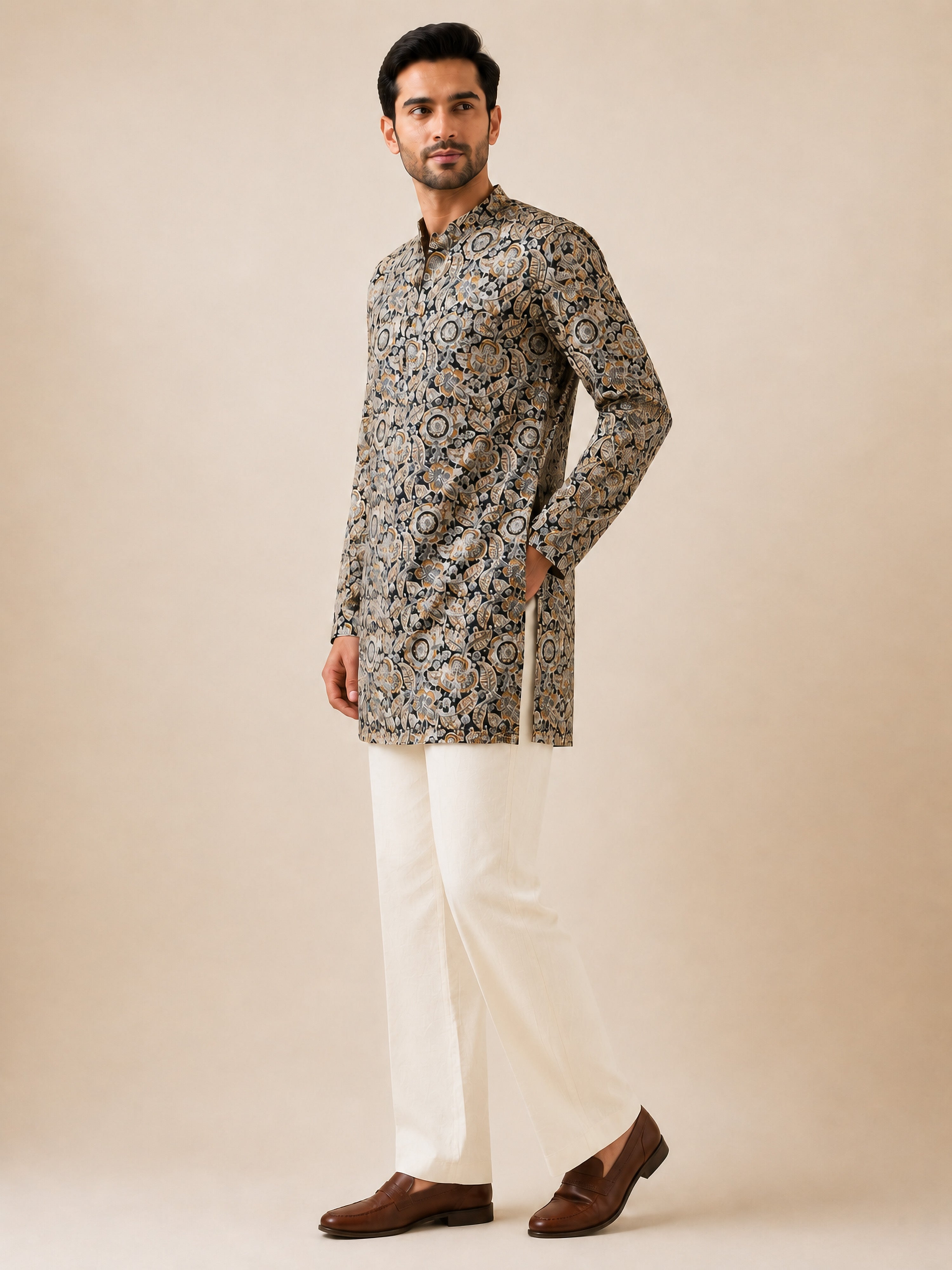 Vastramay Men Black Kalamkari Print Cotton Kurta with Cream Solid Pant Set