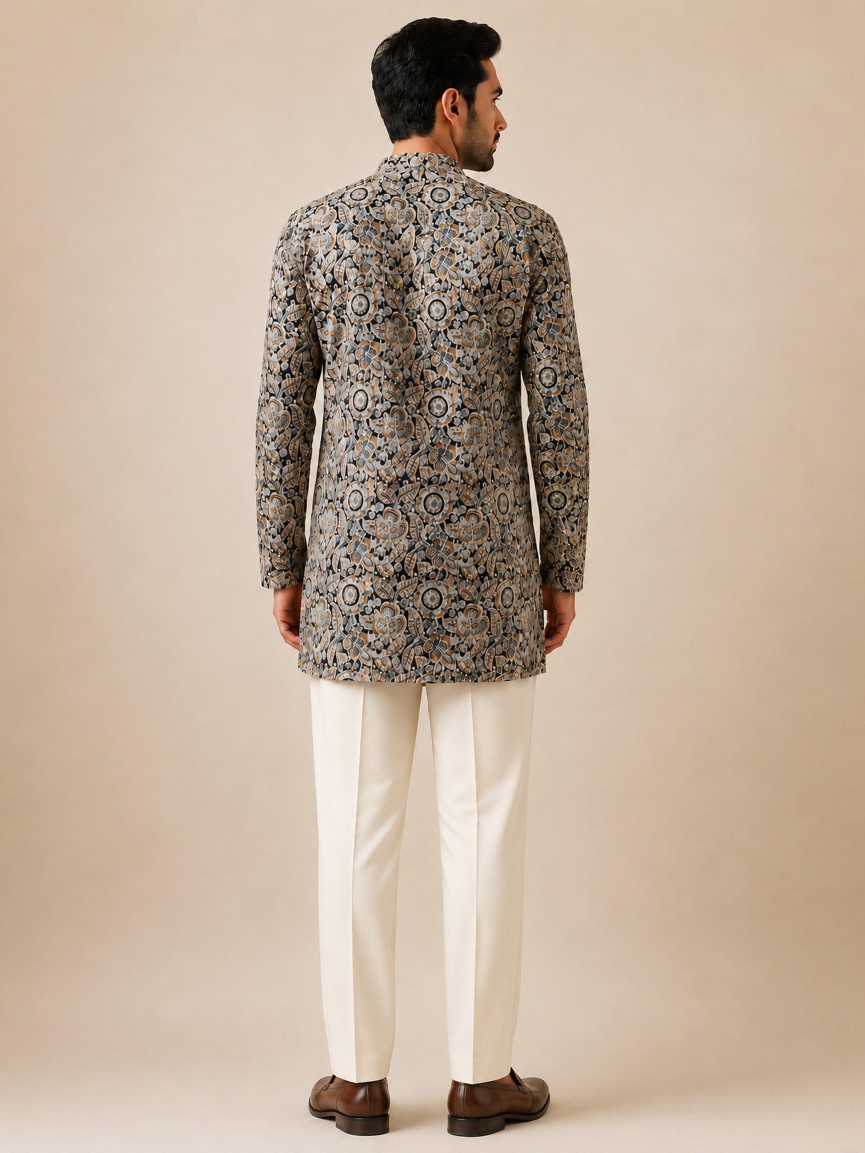 Vastramay Men Black Kalamkari Print Cotton Kurta with Cream Solid Pant Set