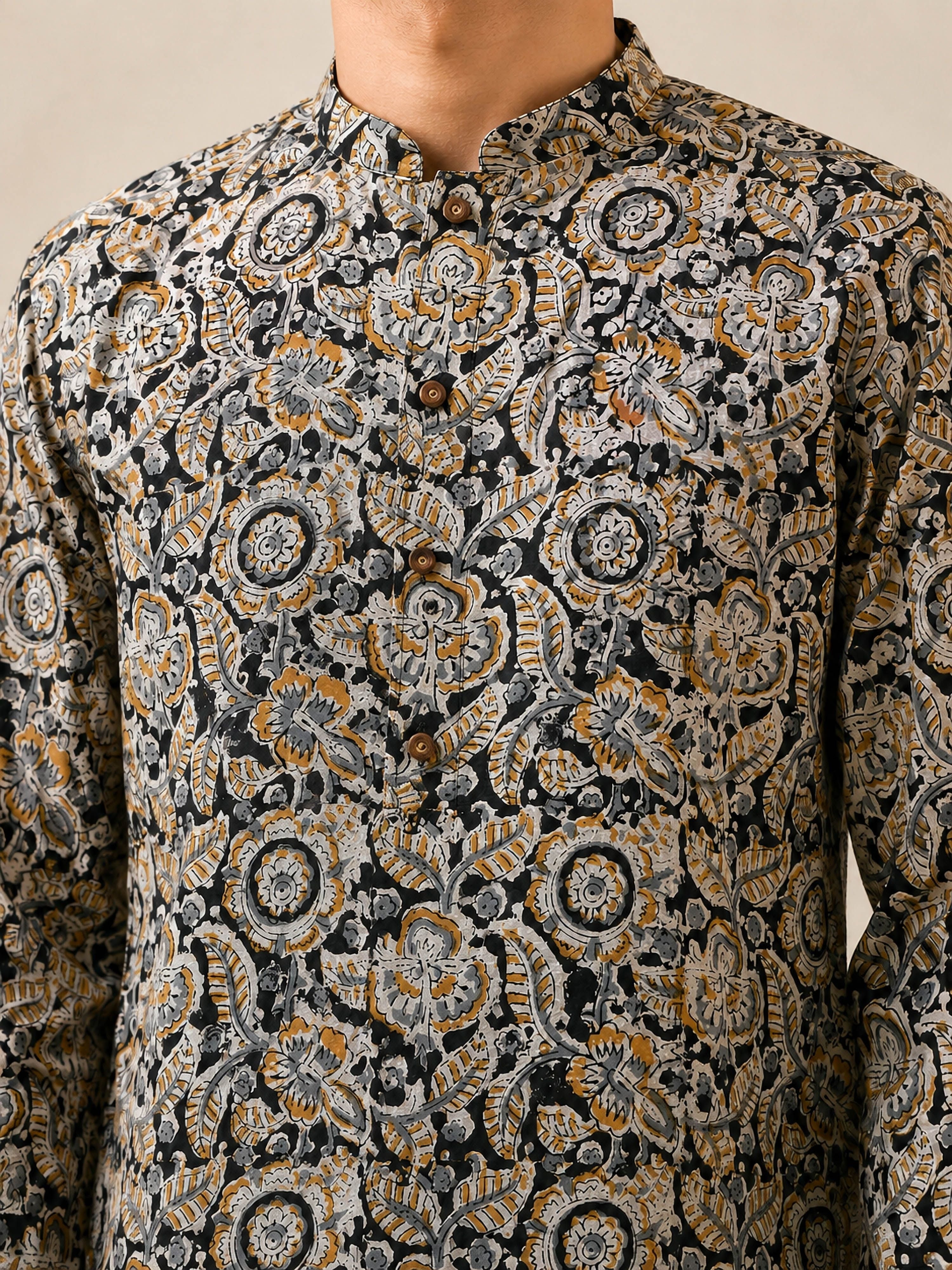 Men's Black Cotton Kalamkari Print Thigh Length Kurta With Wide Leg Pant