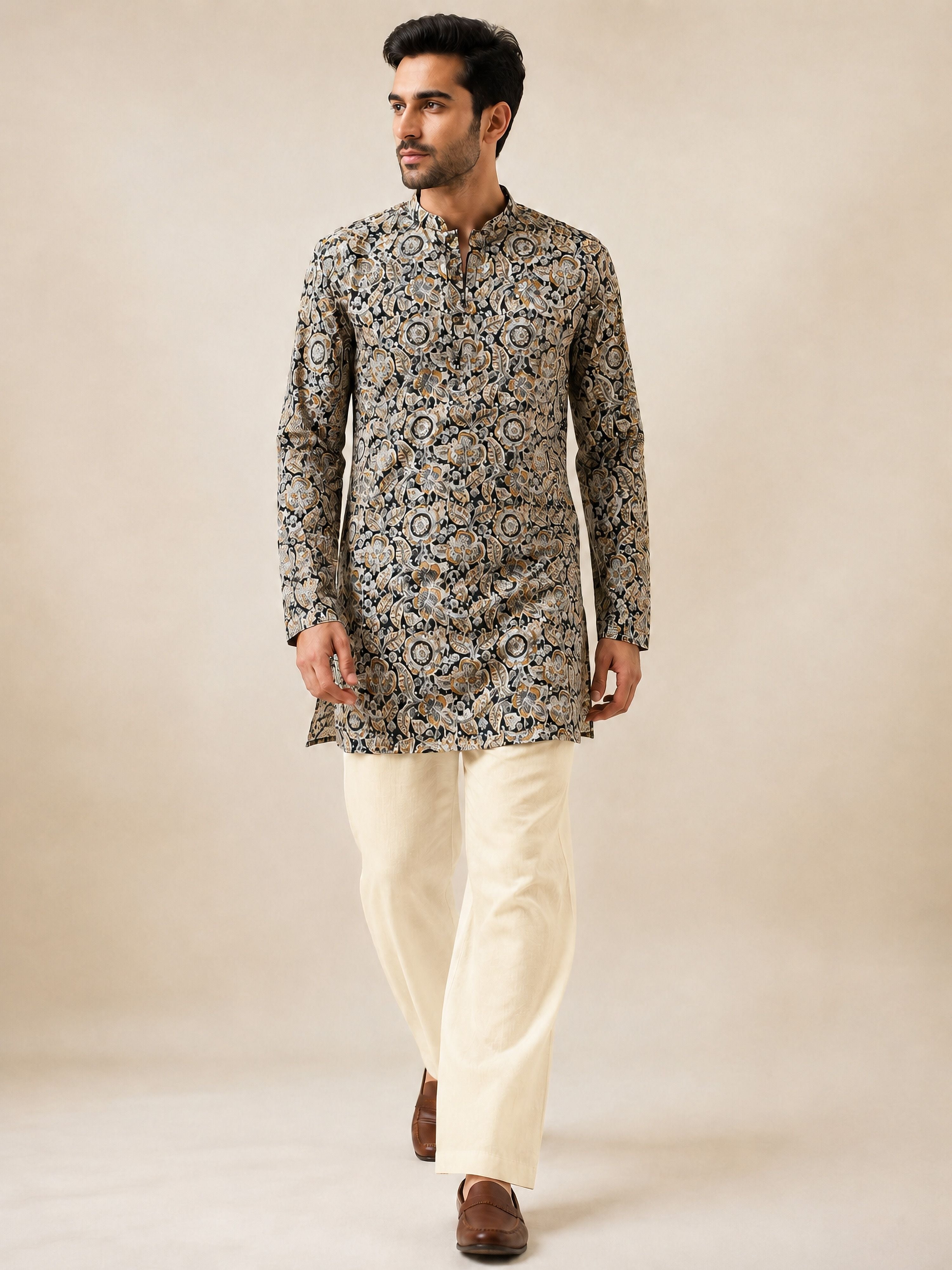 Men's Black Cotton Kalamkari Print Thigh Length Kurta With Wide Leg Pant