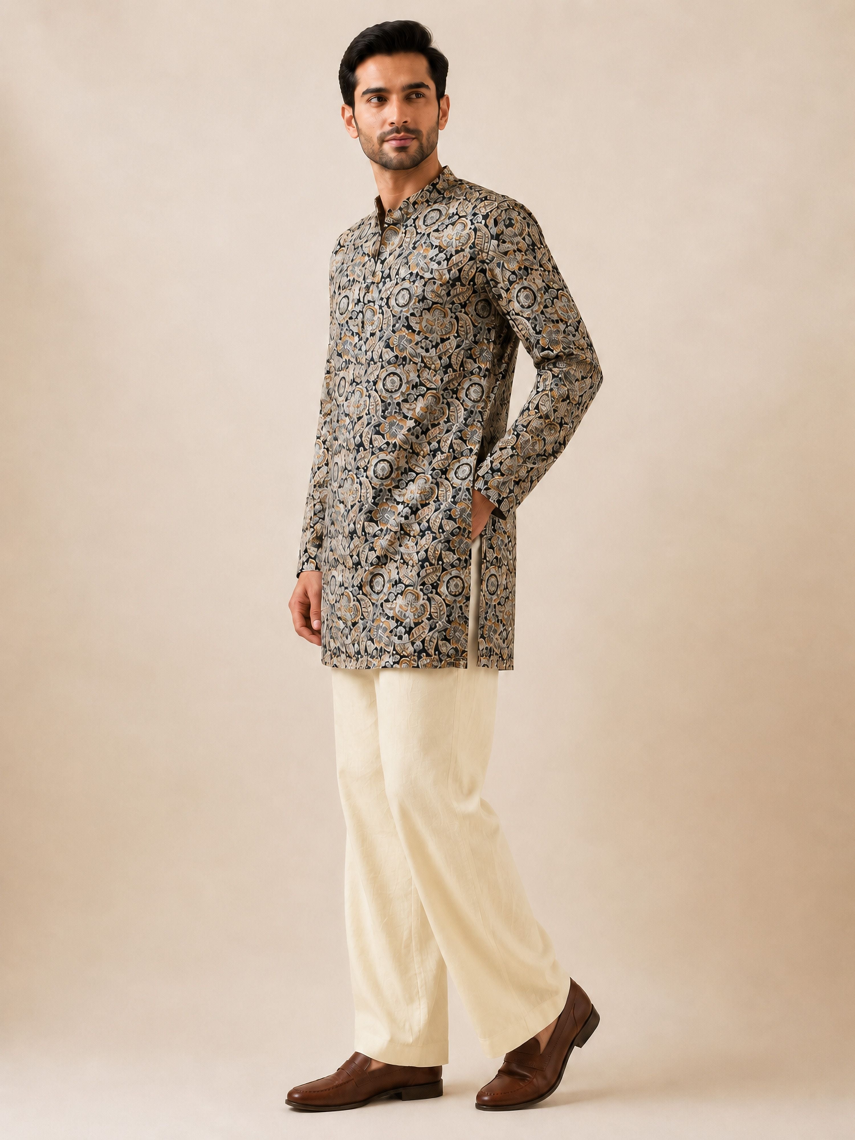 Men's Black Cotton Kalamkari Print Thigh Length Kurta With Wide Leg Pant