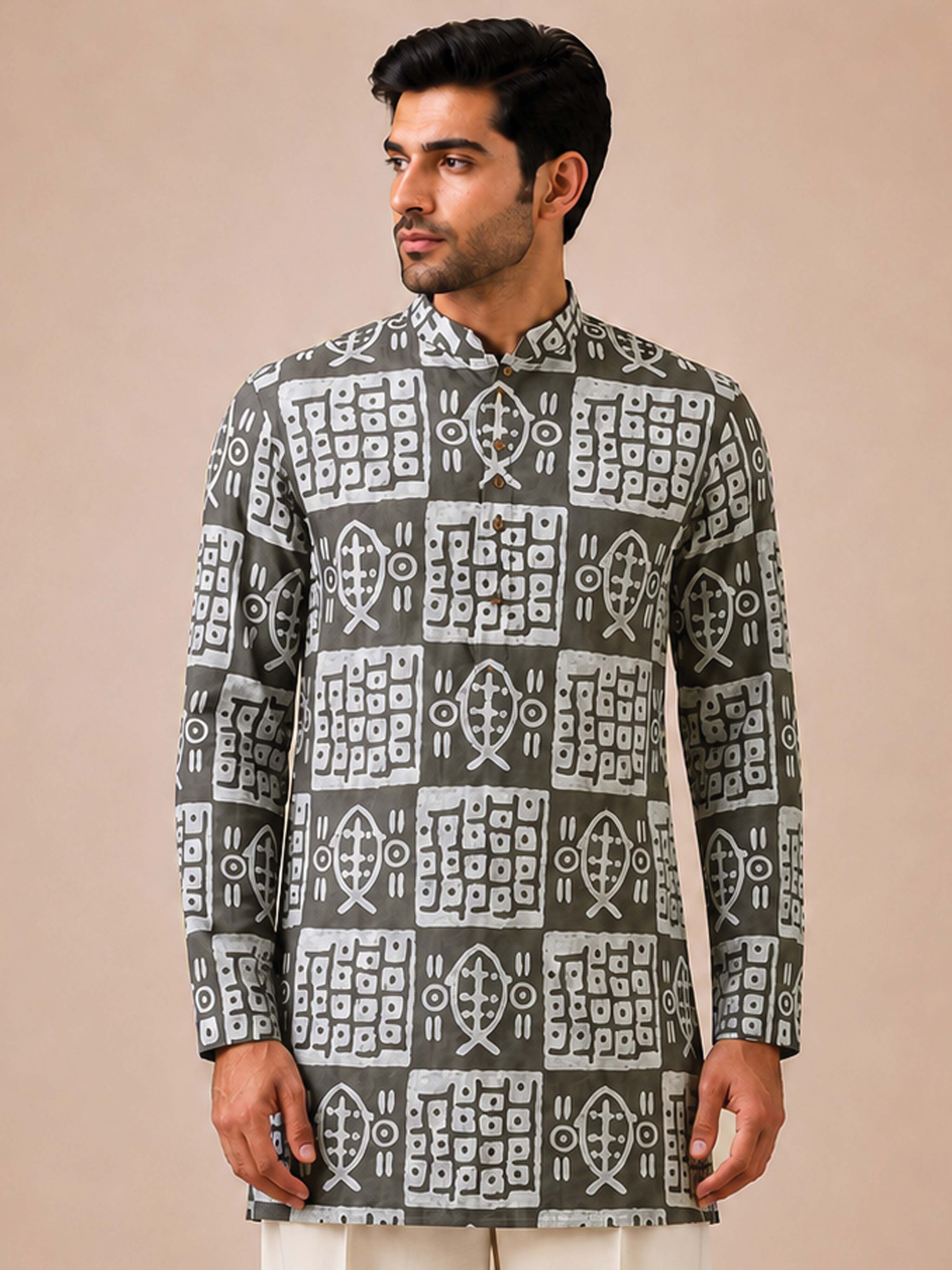 Men Grey Batik Printed Kurta with Mandarin Collar