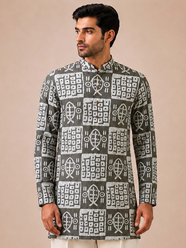 Men Grey Batik Printed Kurta with Mandarin Collar