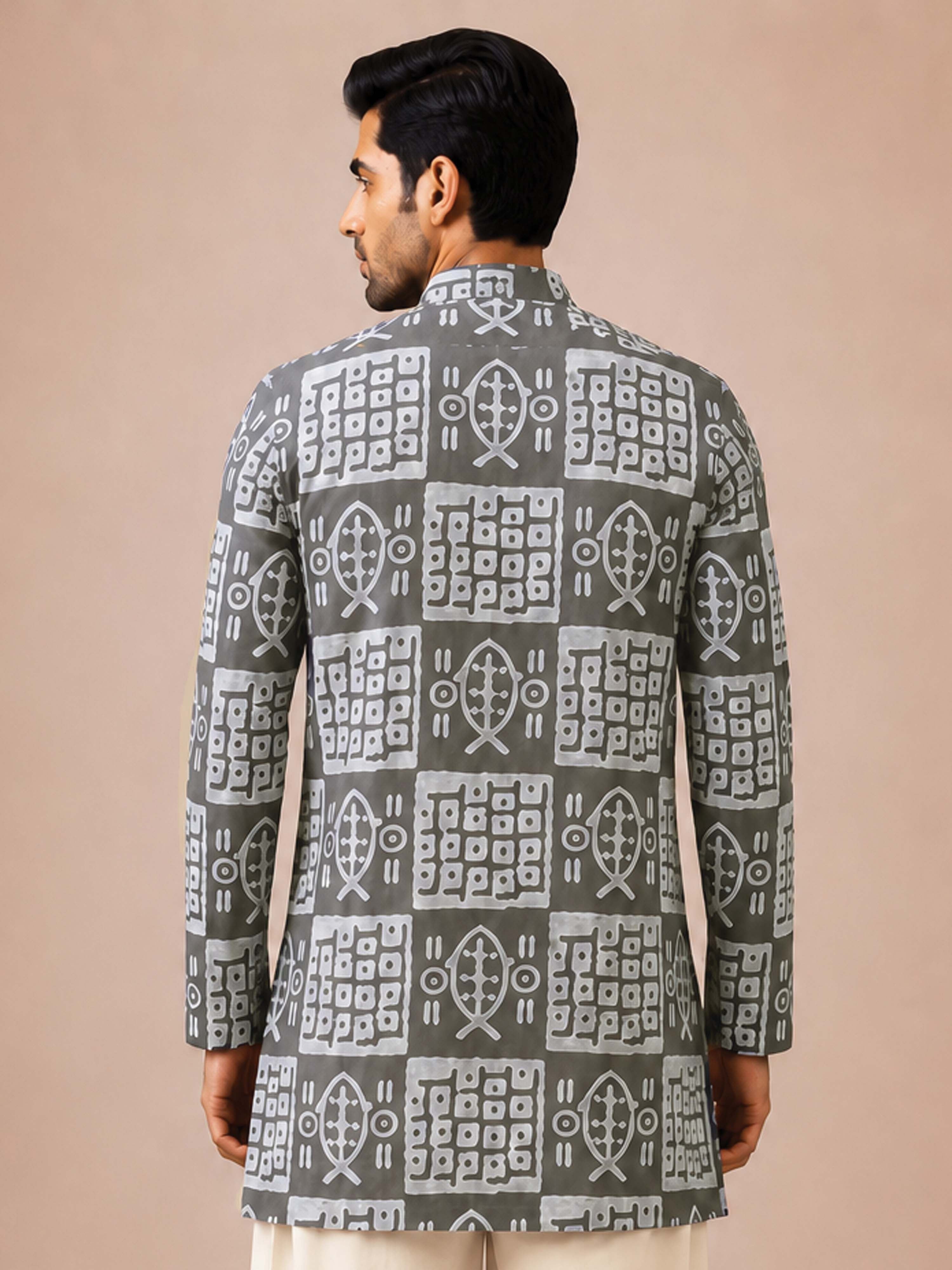 Men's Grey Woven Fabric Batik Thigh-Length Kurta