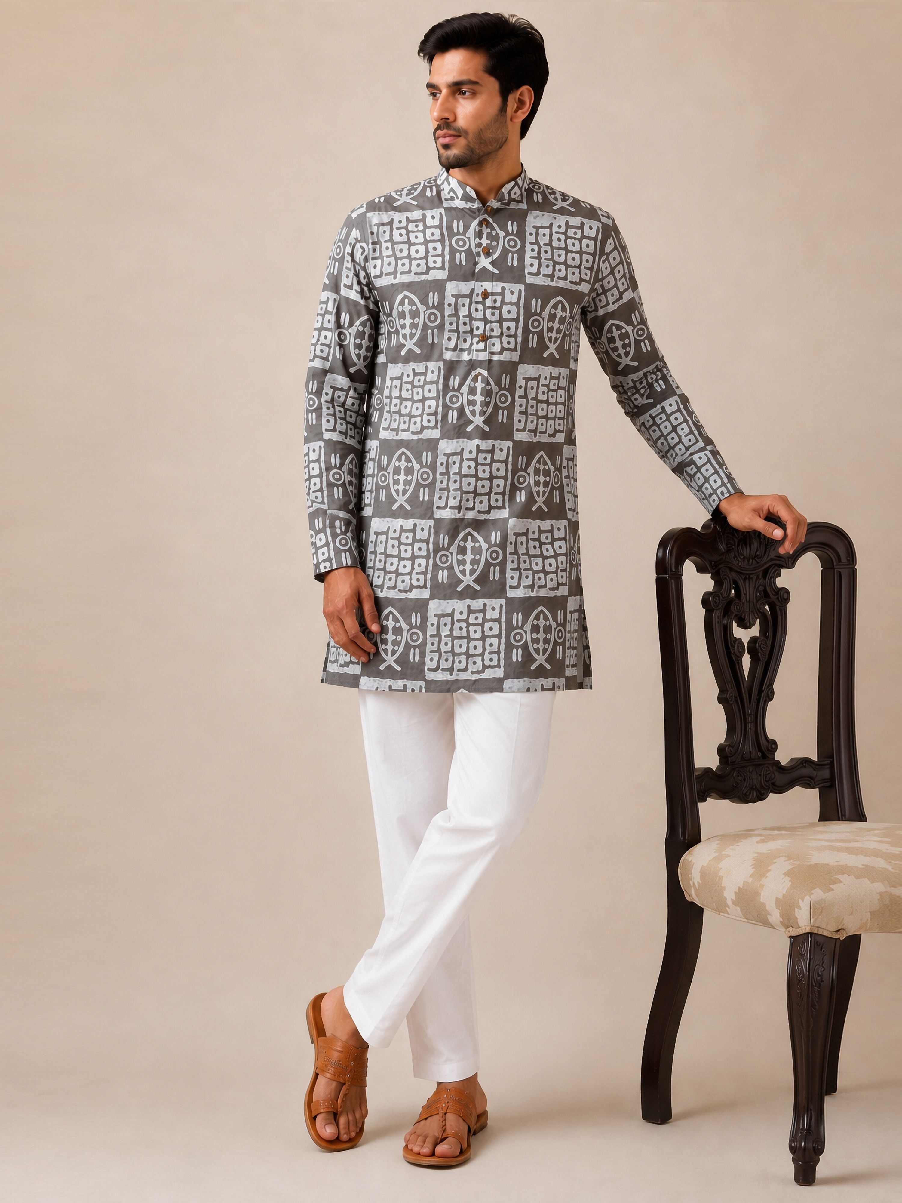 Men Grey Cotton Batik Kurta Pyjama Set | Mandarin Collar