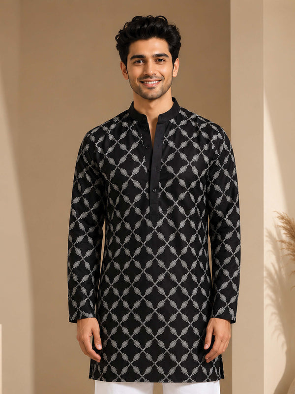 Men's Black Viscose Embroidered Kurta | Mandarin Collar