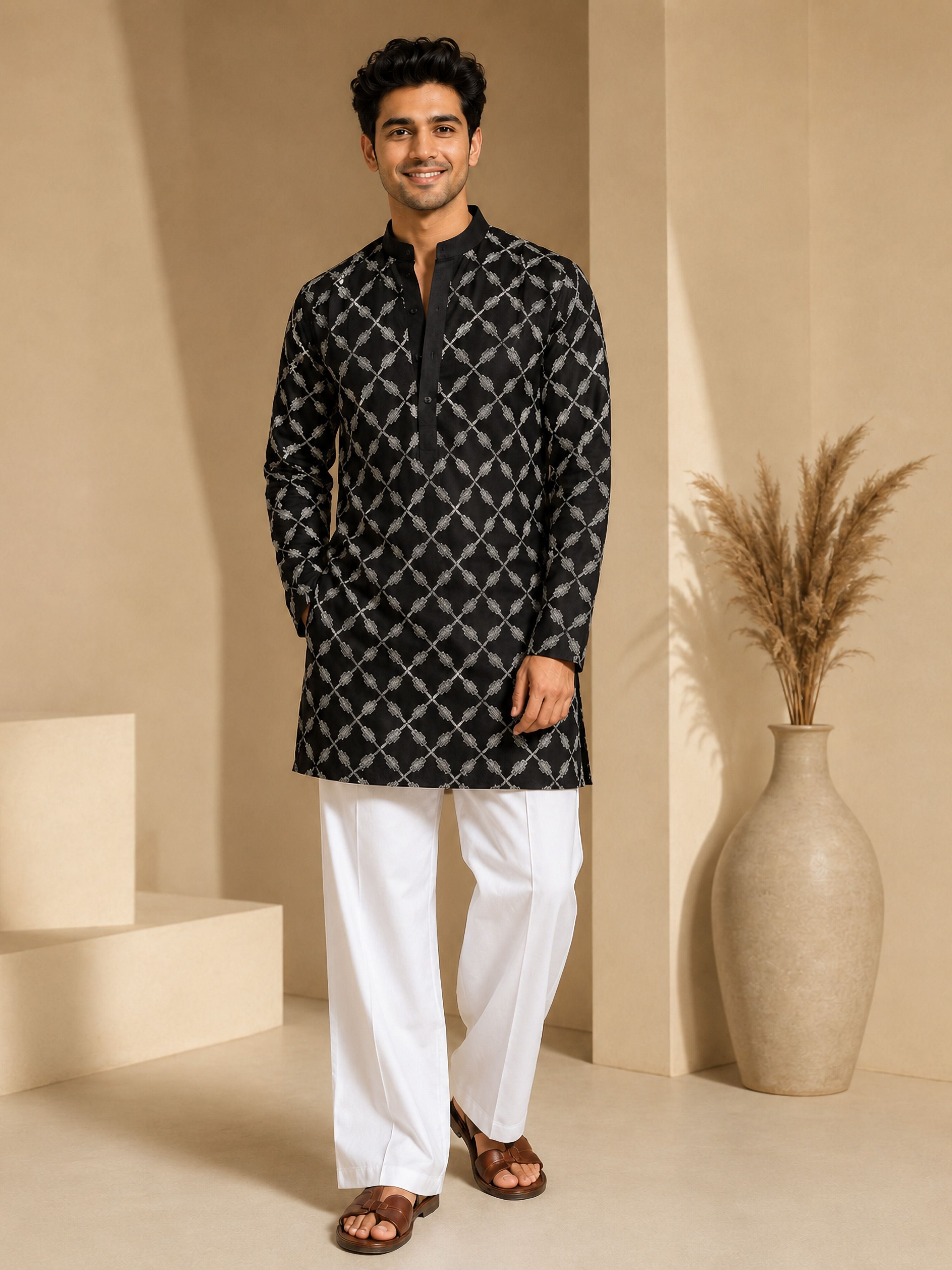 Men's Black Viscose Embroidered Mid-Length Kurta