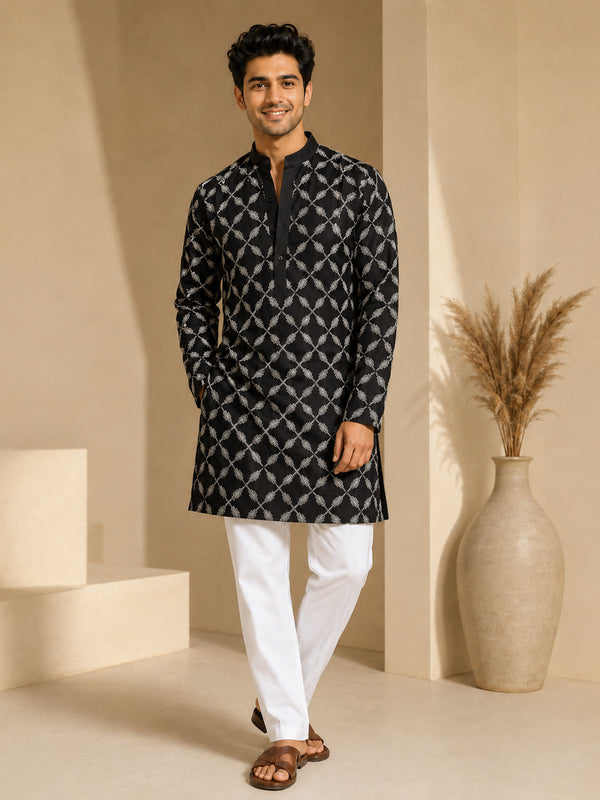 Vastramay Men Black Embroidered V-Neck Kurta with White Pyjama Set