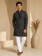 Vastramay Men Black Embroidered V-Neck Kurta with White Pyjama Set