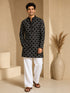 Vastramay Men Black Embroidered V-Neck Kurta with White Wide-Leg Pant Set