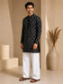 Vastramay Men Black Embroidered V-Neck Kurta with White Wide-Leg Pant Set