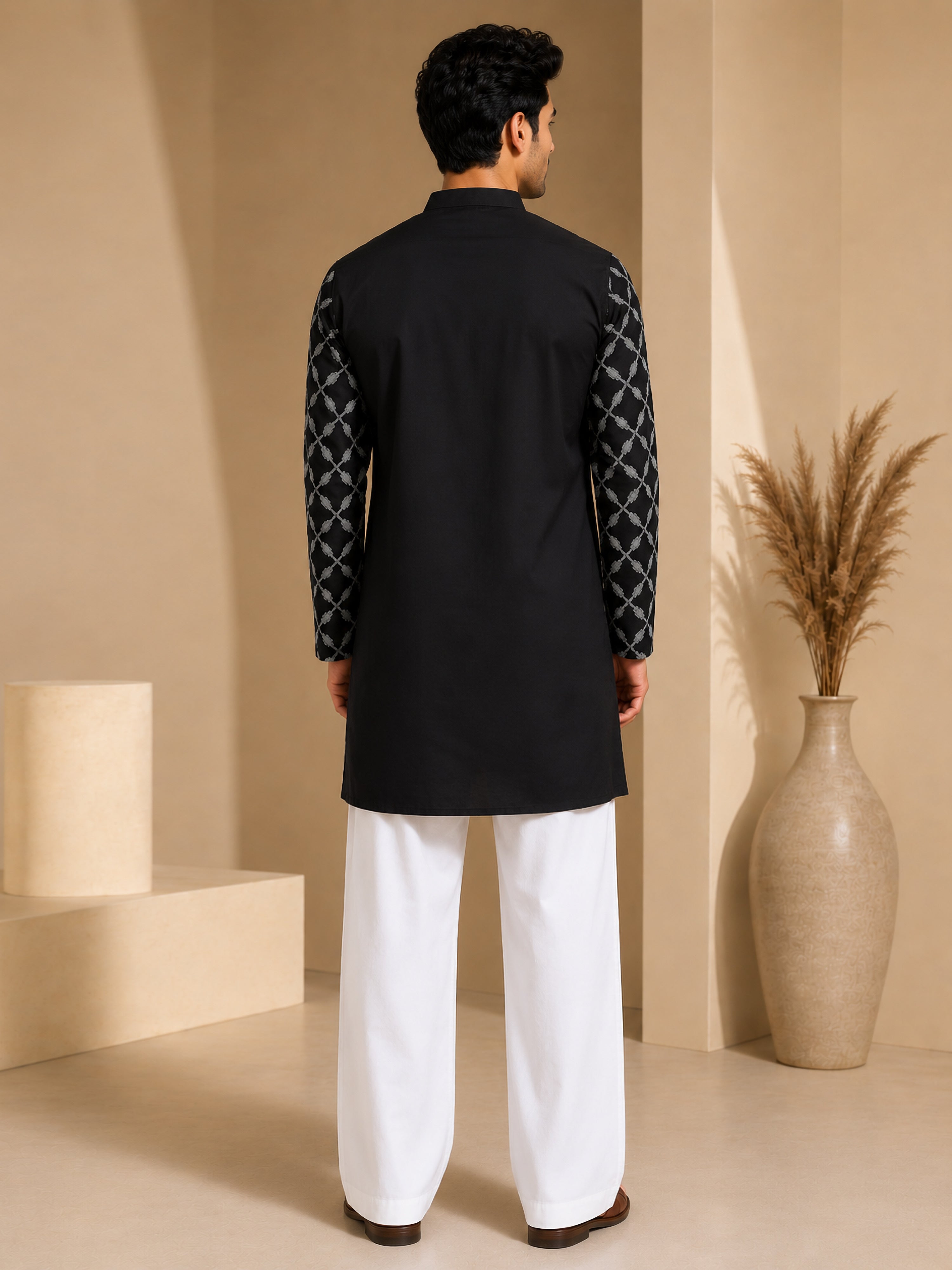 Vastramay Men Black Embroidered V-Neck Kurta with White Wide-Leg Pant Set