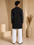 Vastramay Men Black Embroidered V-Neck Kurta with White Wide-Leg Pant Set