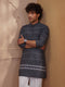 Men Black Cotton Striped Kurta with Kantha Work