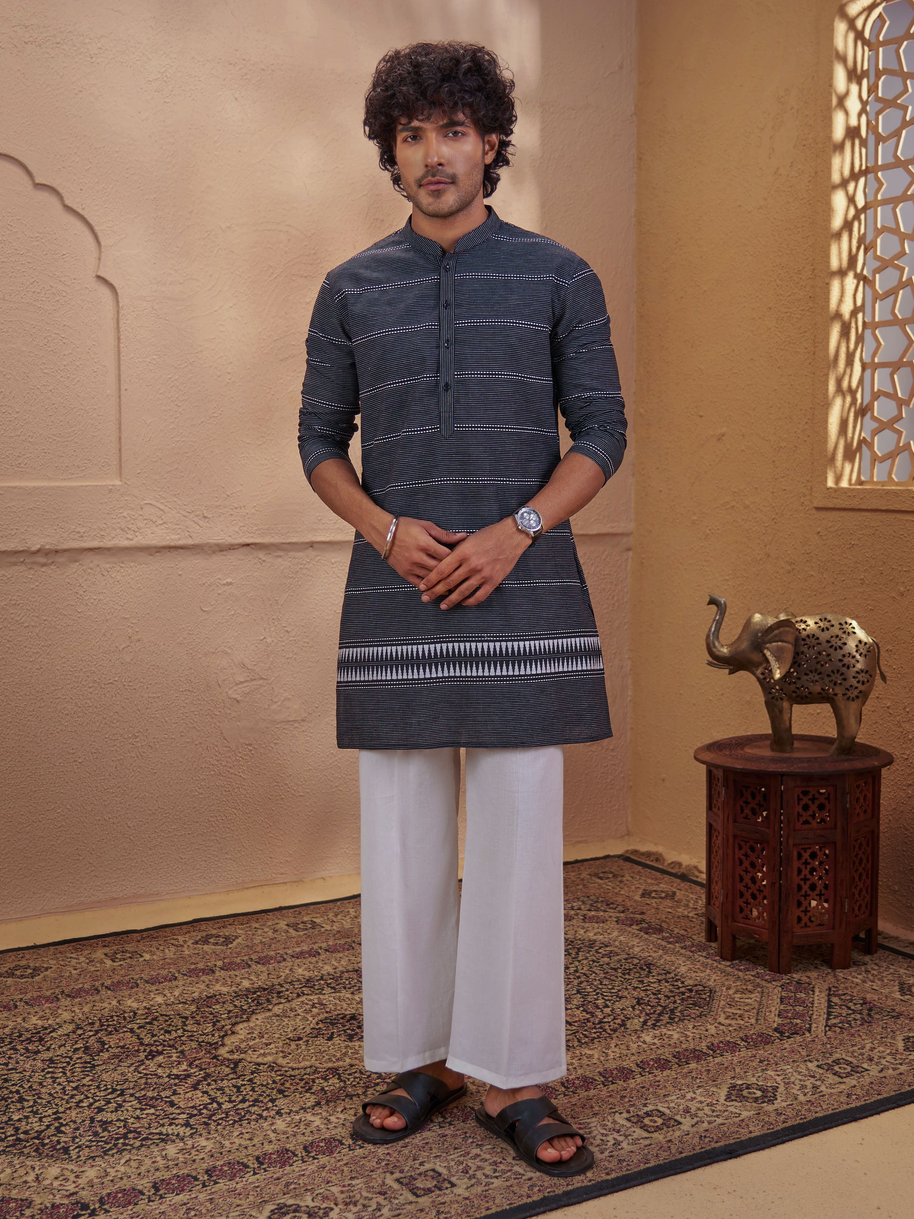 Men's Black Cotton Embroidered Thigh Length Kurta With Wide Leg Pant