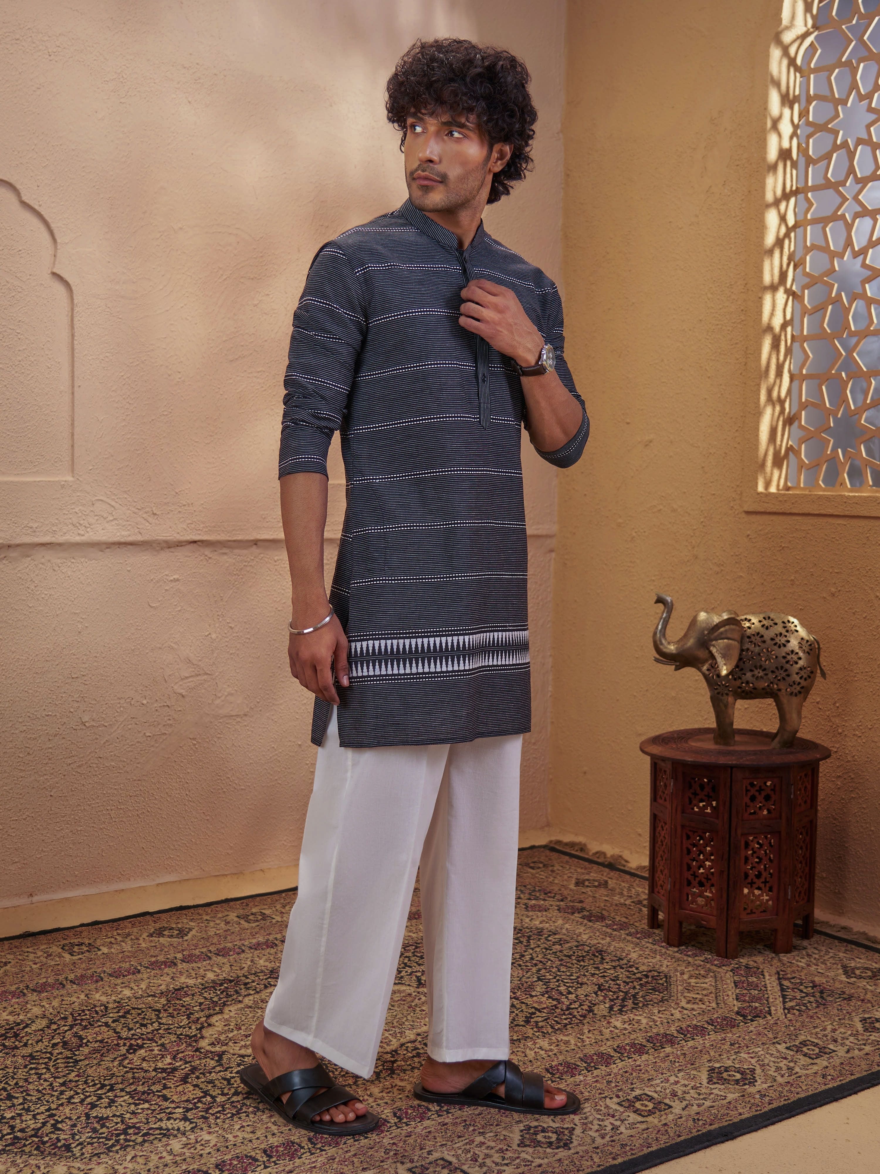 Men's Black Cotton Embroidered Thigh Length Kurta With Wide Leg Pant