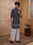Men's Black Cotton Embroidered Thigh Length Kurta With Wide Leg Pant