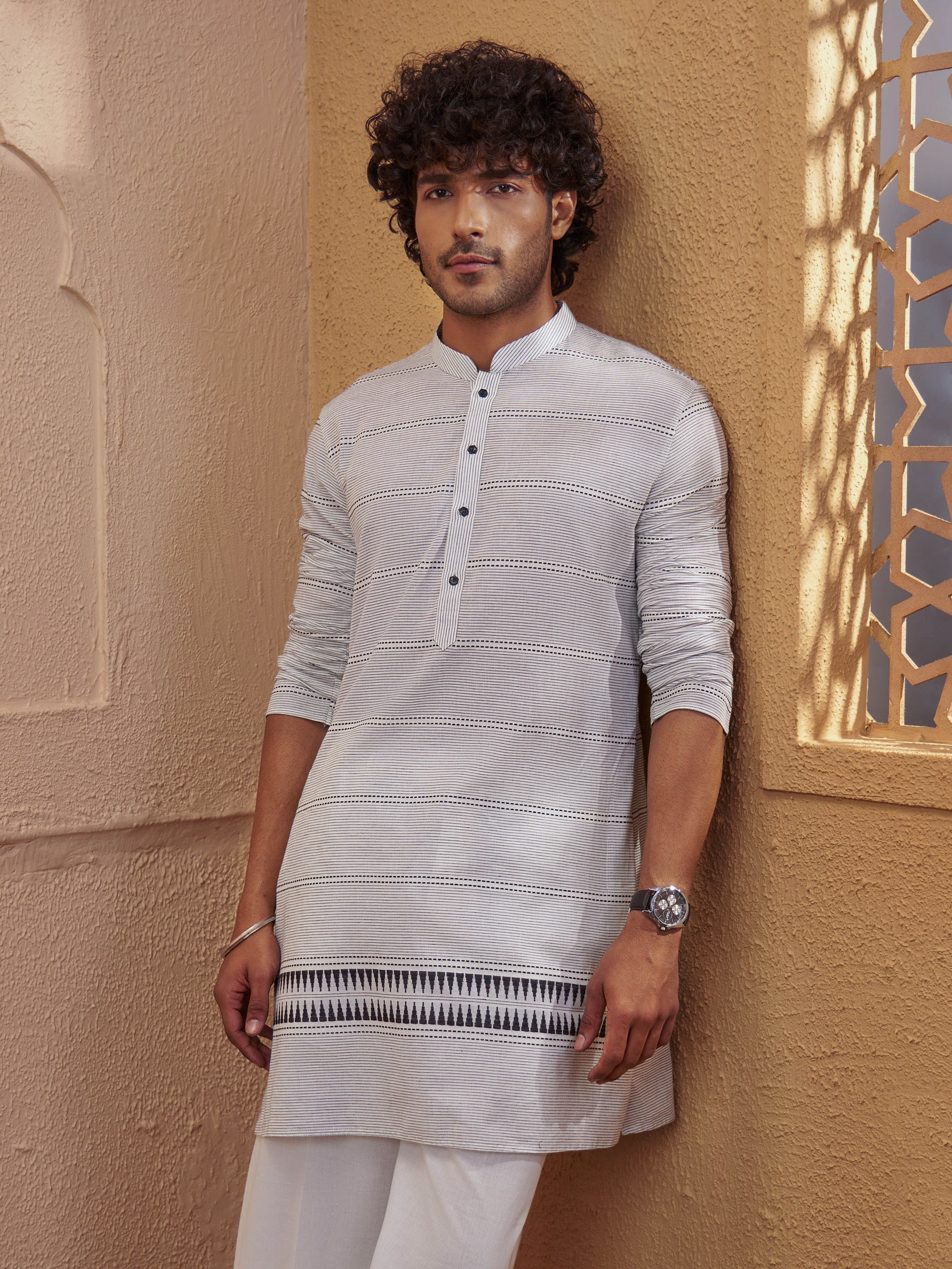 Men White Striped Embroidered Kurta with Mandarin Collar