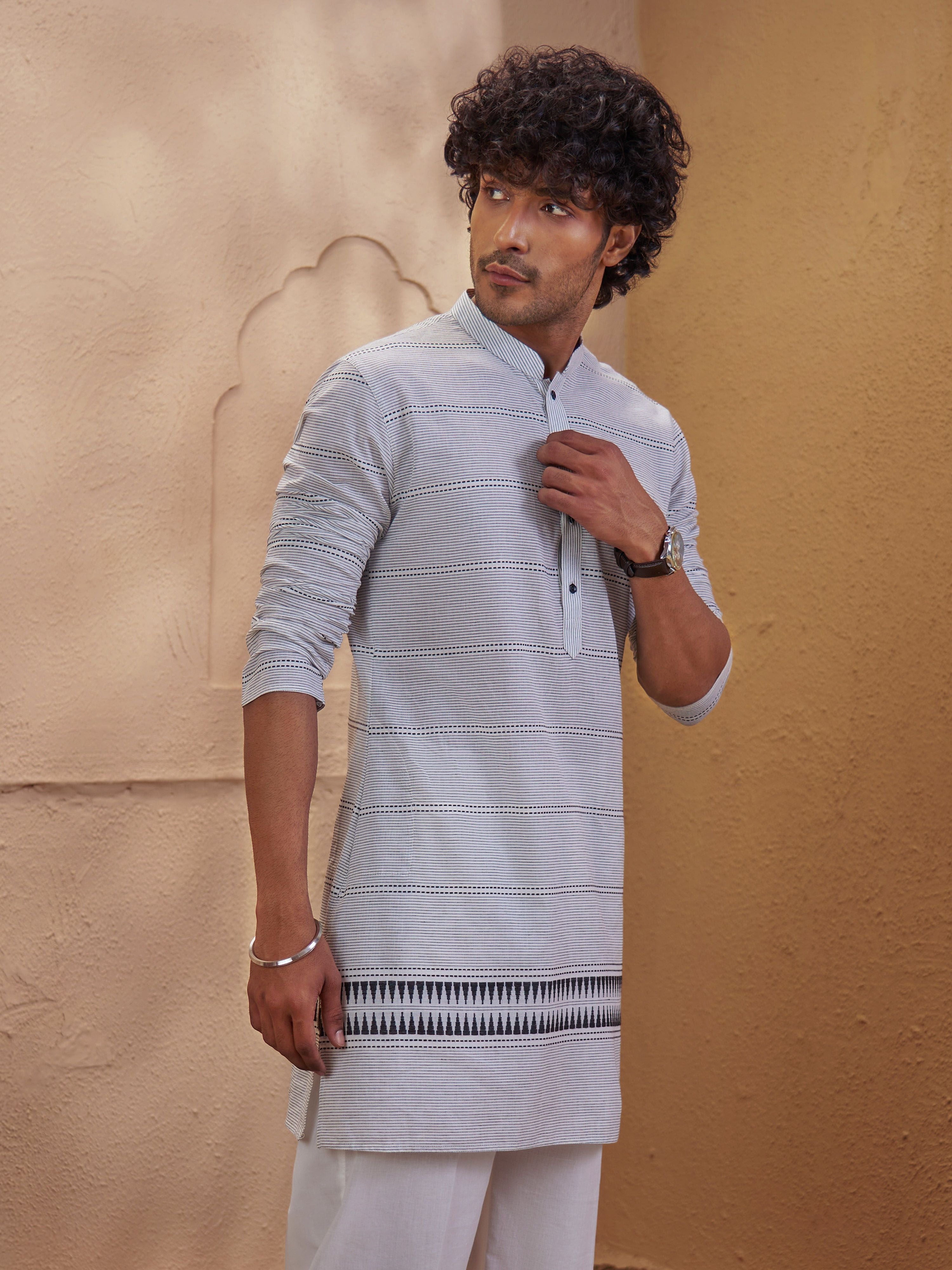 Men's White Cotton Embroidered Thigh Length Kurta