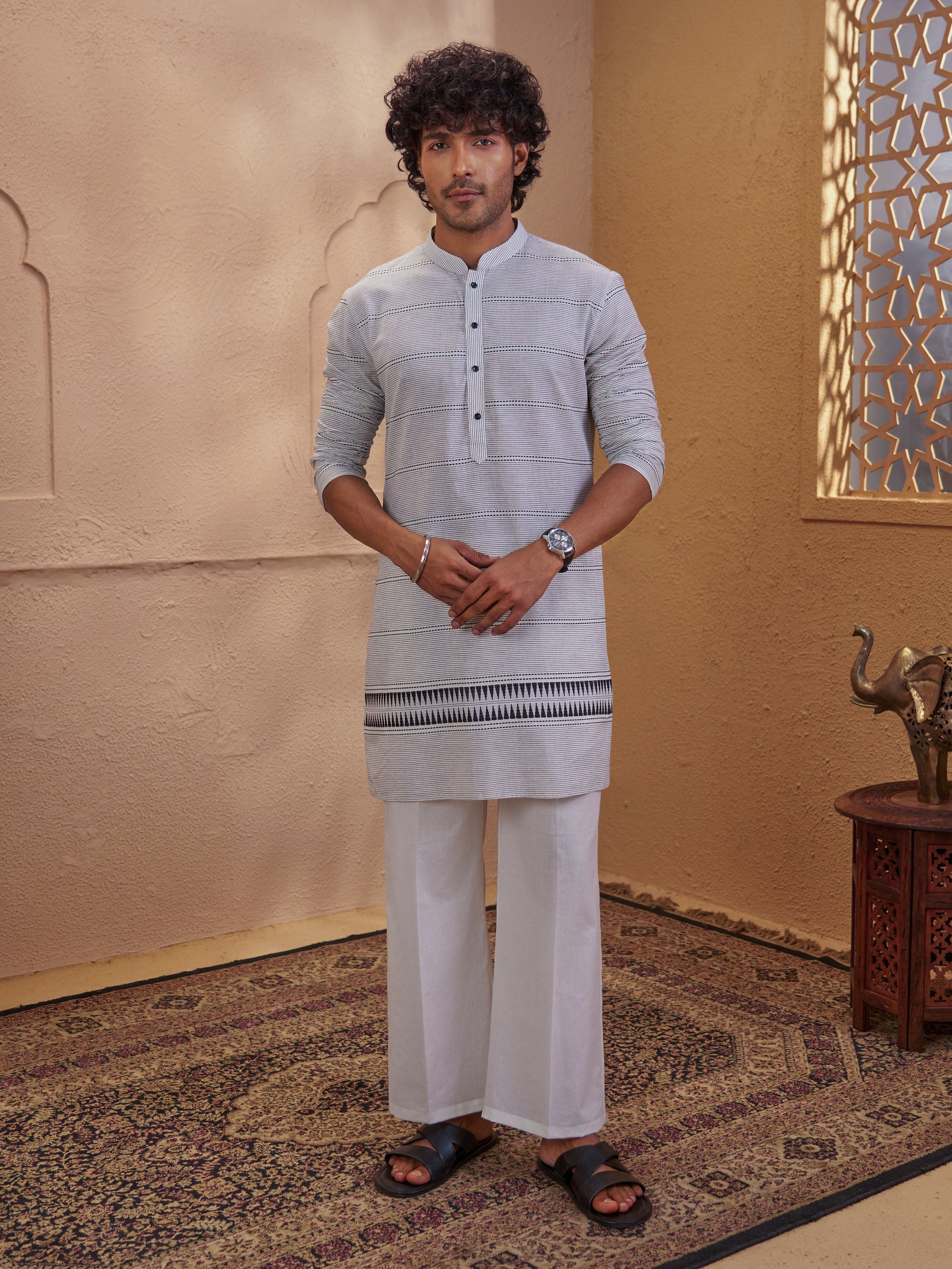 Men's White Cotton Embroidered Thigh Length Kurta With Wide Leg Pant