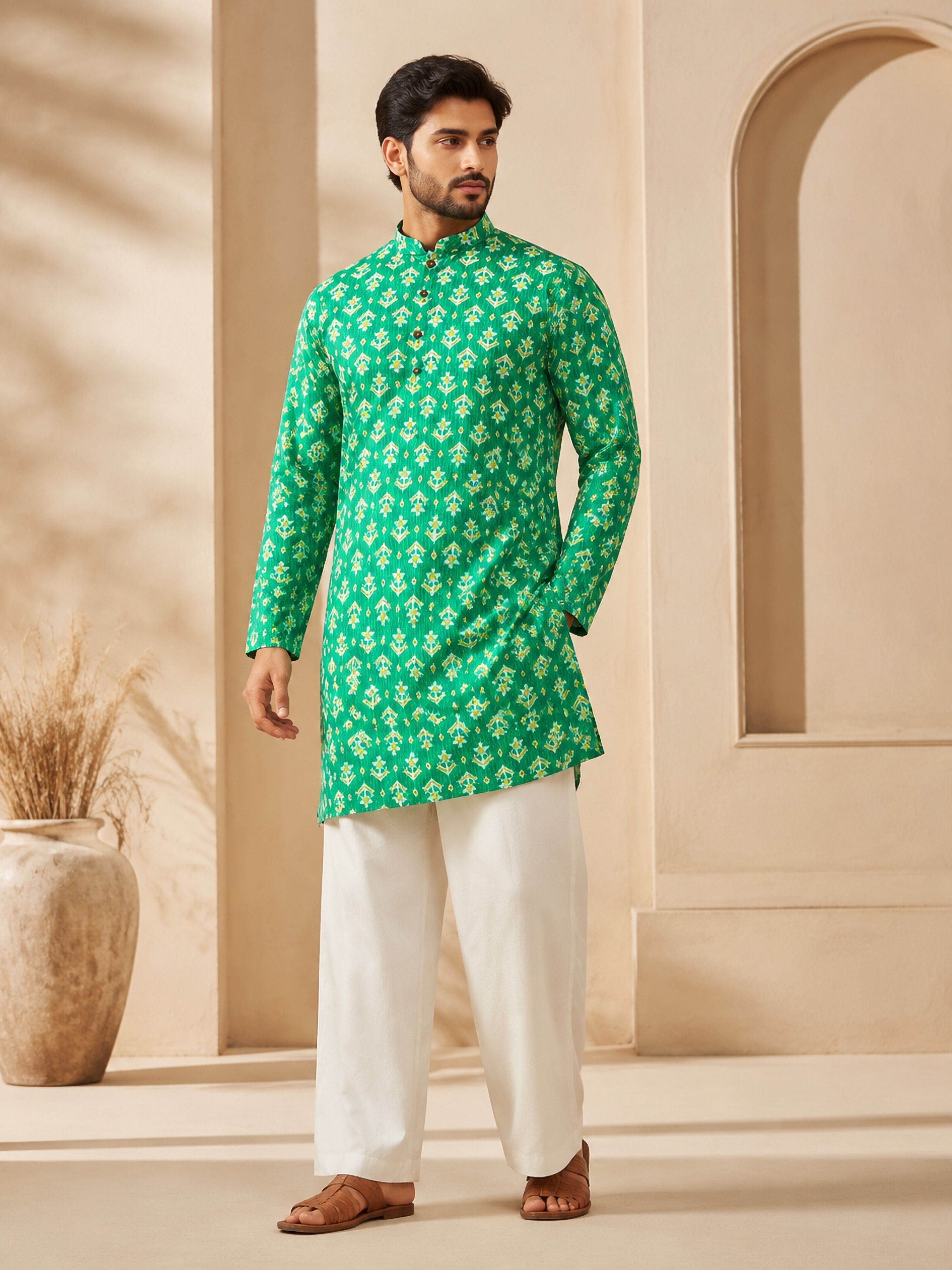 Men's Green Cotton Embroidered Above Knee Kurta