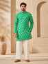 Men's Green Cotton Embroidered Thigh Length Kurta with Wide Leg Pant