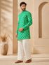 Men's Green Cotton Embroidered Thigh Length Kurta with Wide Leg Pant