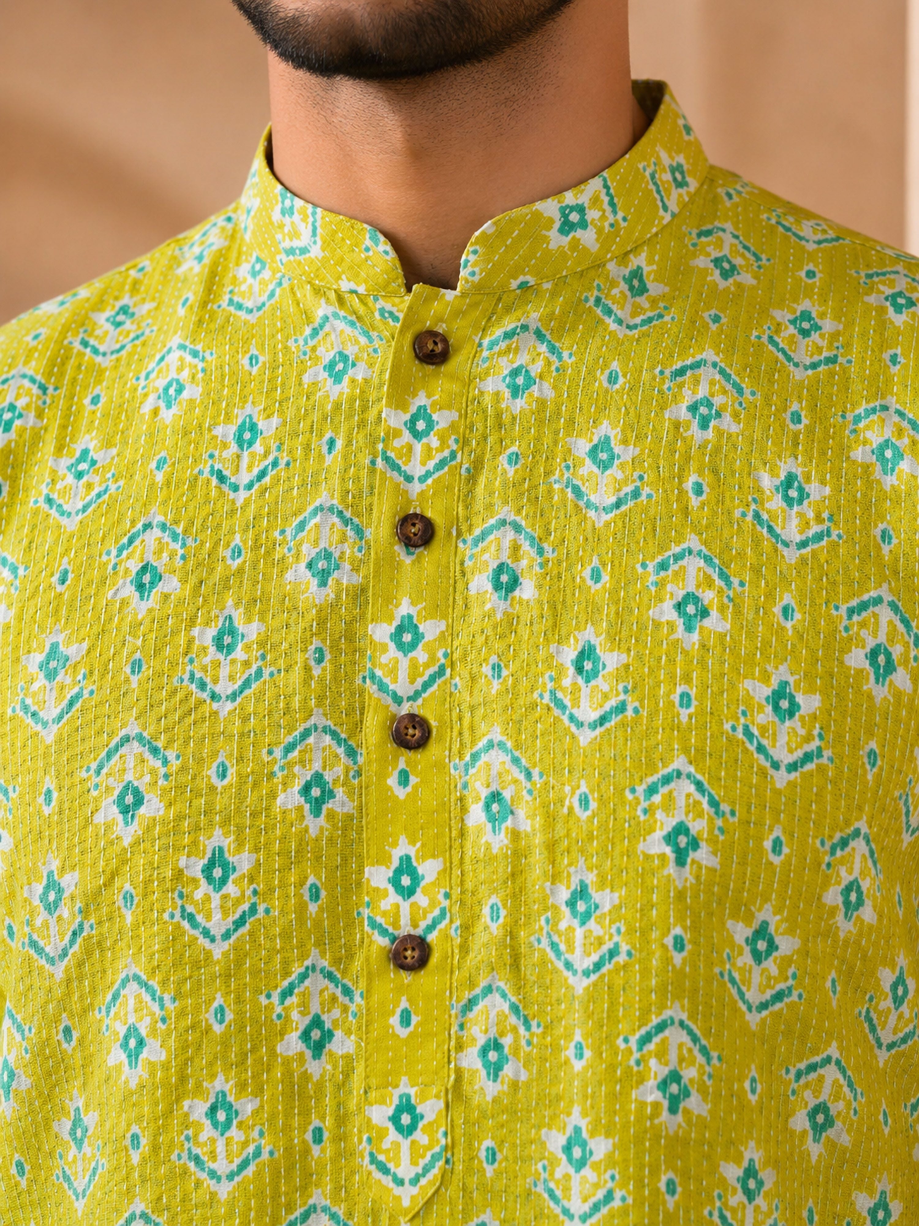 Men's Olive Cotton Embroidered Above Knee Kurta