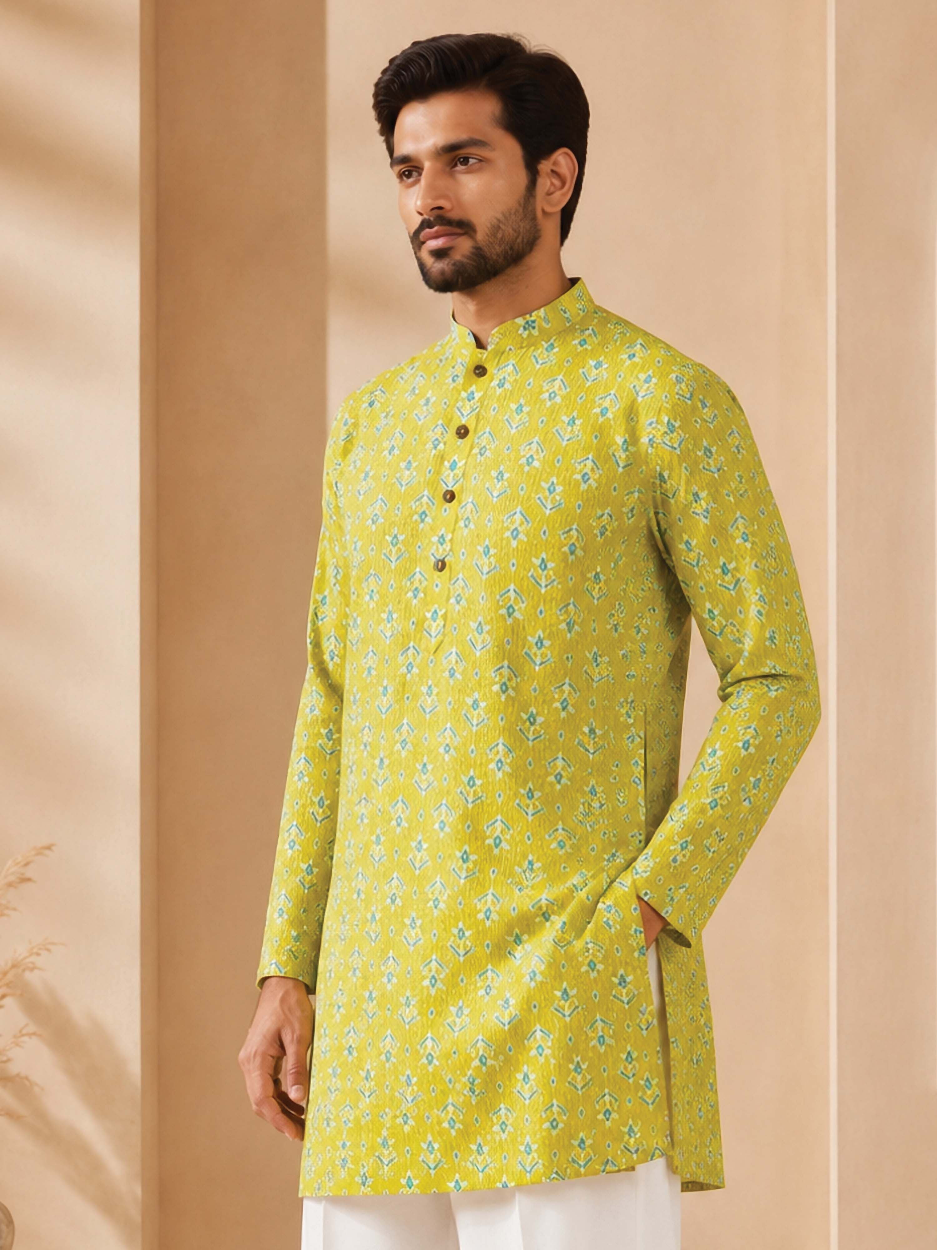 Men's Olive Cotton Embroidered Above Knee Kurta