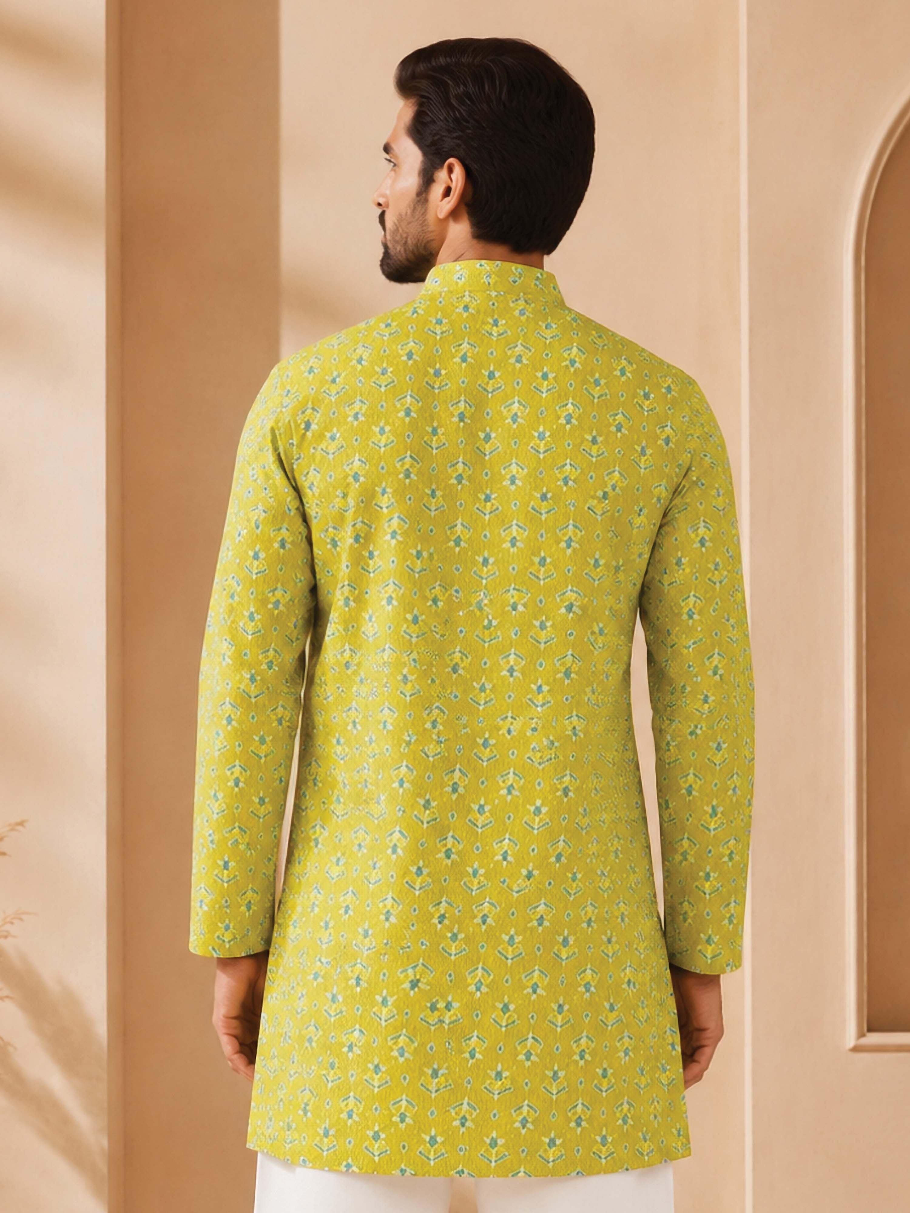 Men's Olive Cotton Embroidered Above Knee Kurta