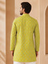 Men's Olive Cotton Embroidered Above Knee Kurta
