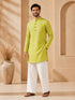 Men's Olive Cotton Embroidered Above Knee Kurta