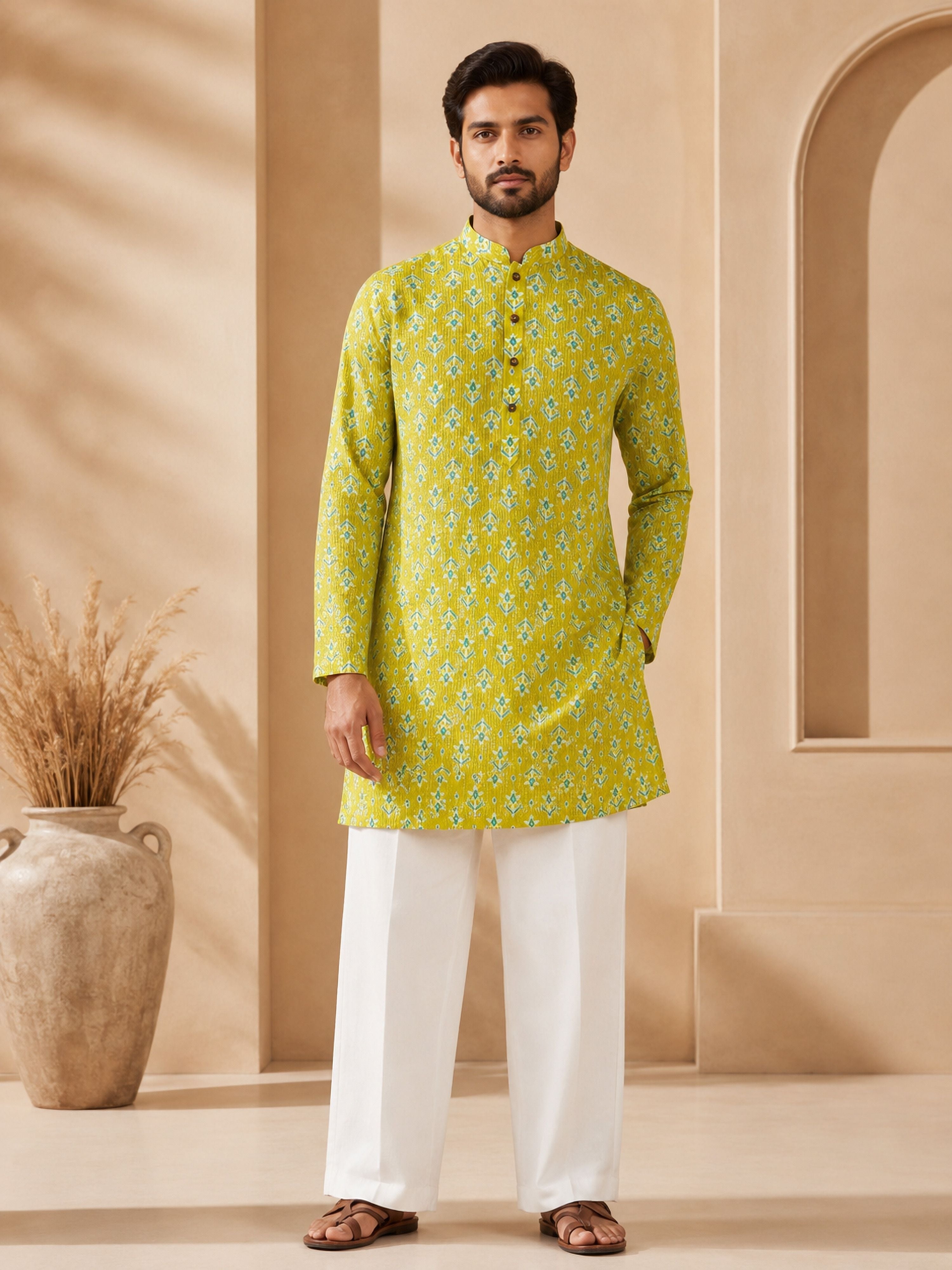 Men's Green Cotton Embroidered Thigh Length Kurta with Wide Leg Pant