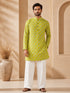 Men's Green Cotton Embroidered Thigh Length Kurta with Wide Leg Pant