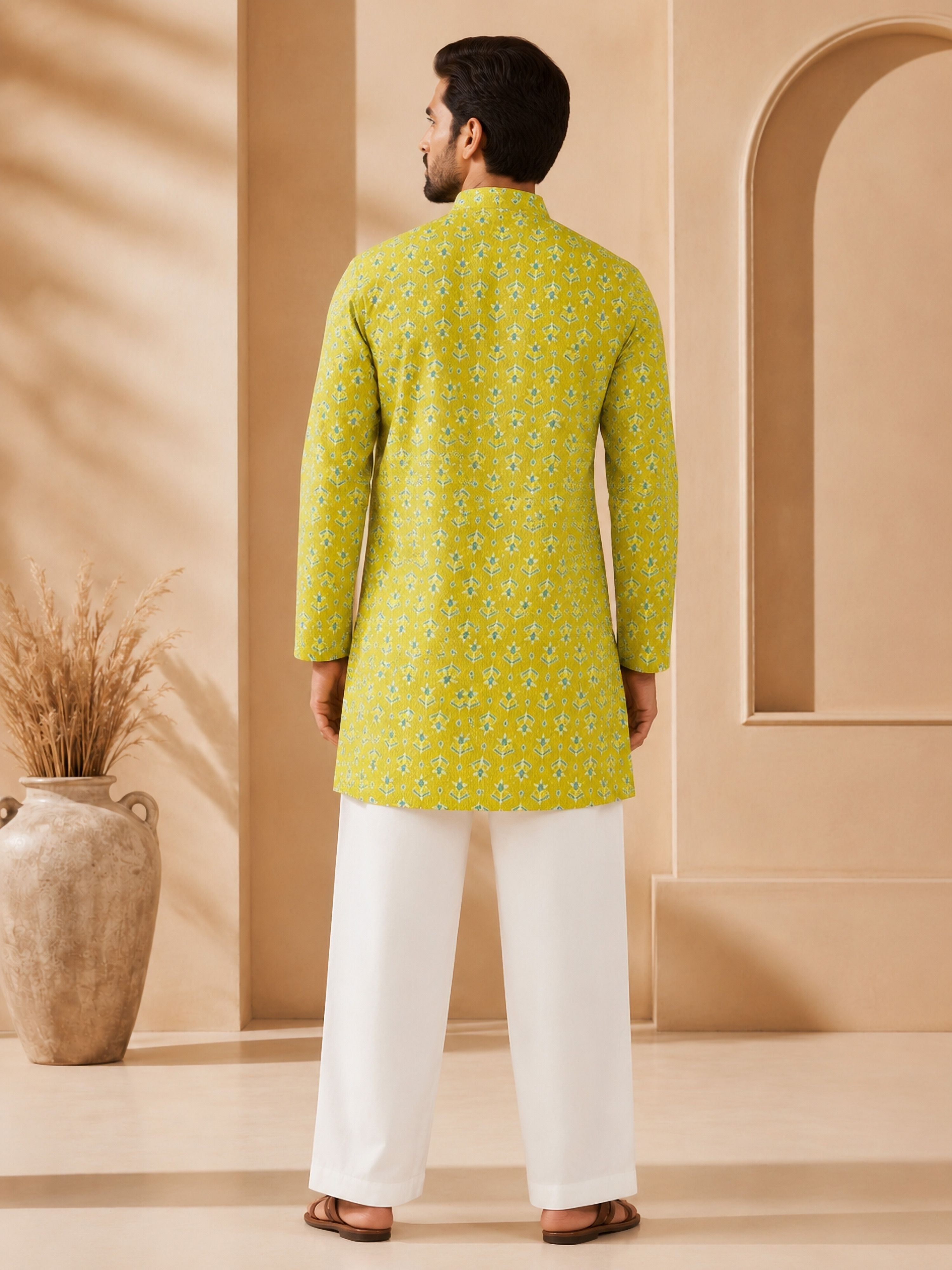 Men's Green Cotton Embroidered Thigh Length Kurta with Wide Leg Pant