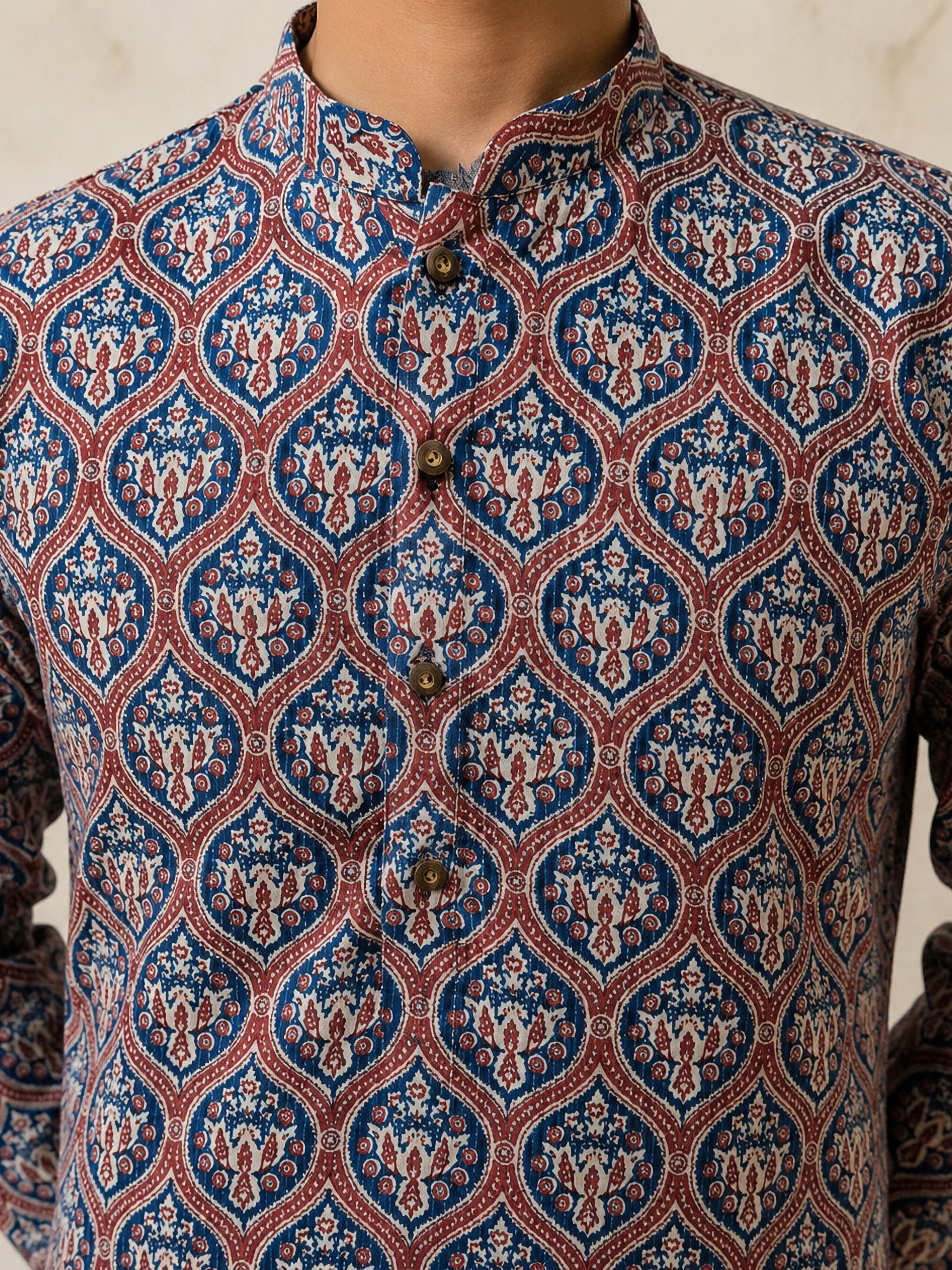 Men's Red Cotton Embroidered Regular Kurta